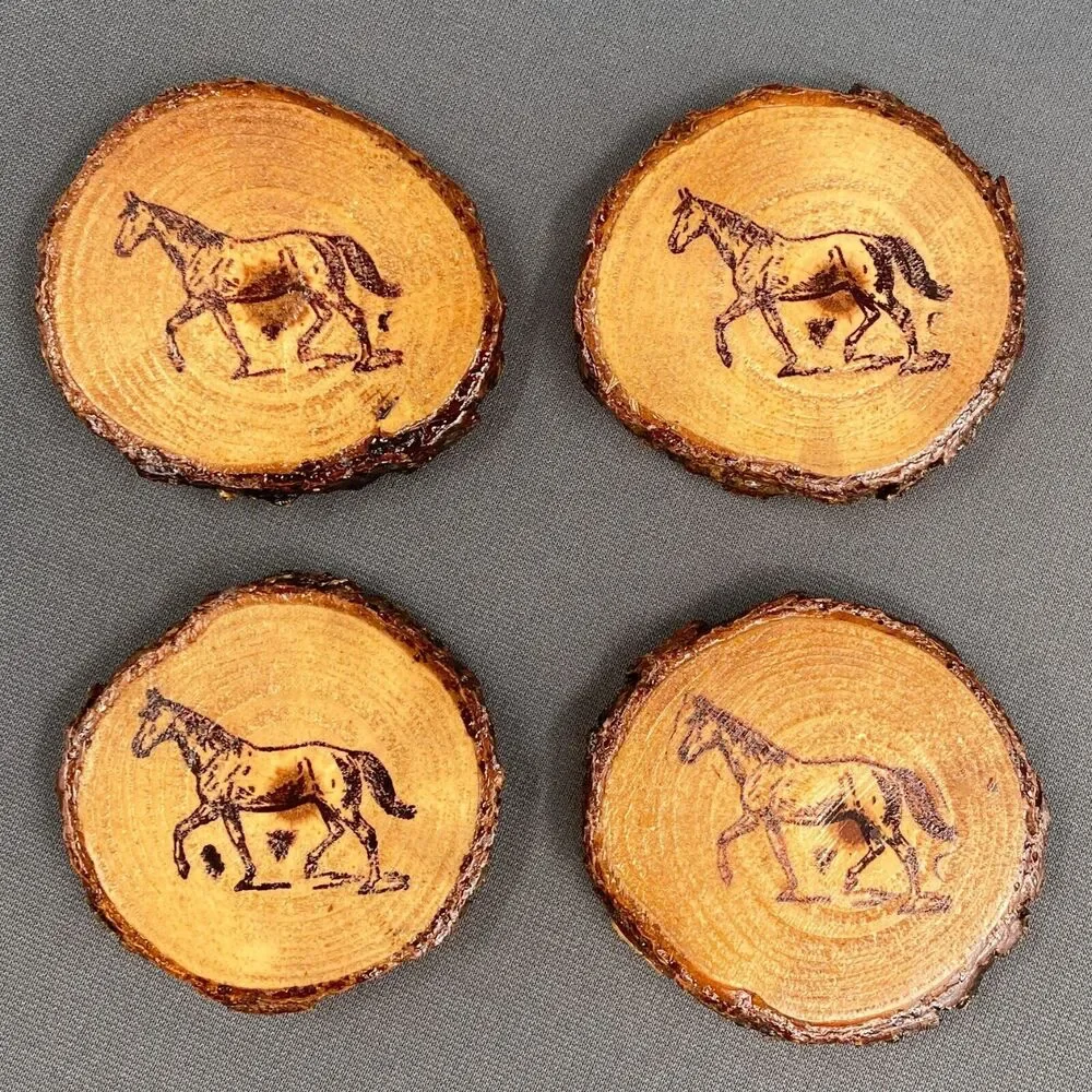 VTG Wood Slice Coaster Set Horse Burned Rustic Cabin Decor Log Round Set 4 Ranch